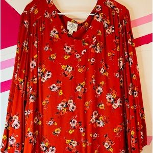 St. John’s Bay Crepe Floral V-Neck Blouse, Long Sleeves, Orange Red, 3X